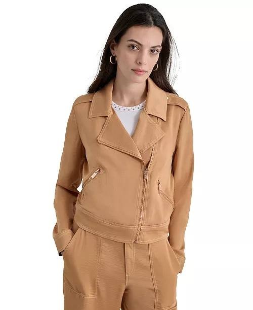 DKNY Moto Jacket – Size L – NWT – Brown Contrast Stitch Asymmetric Zip