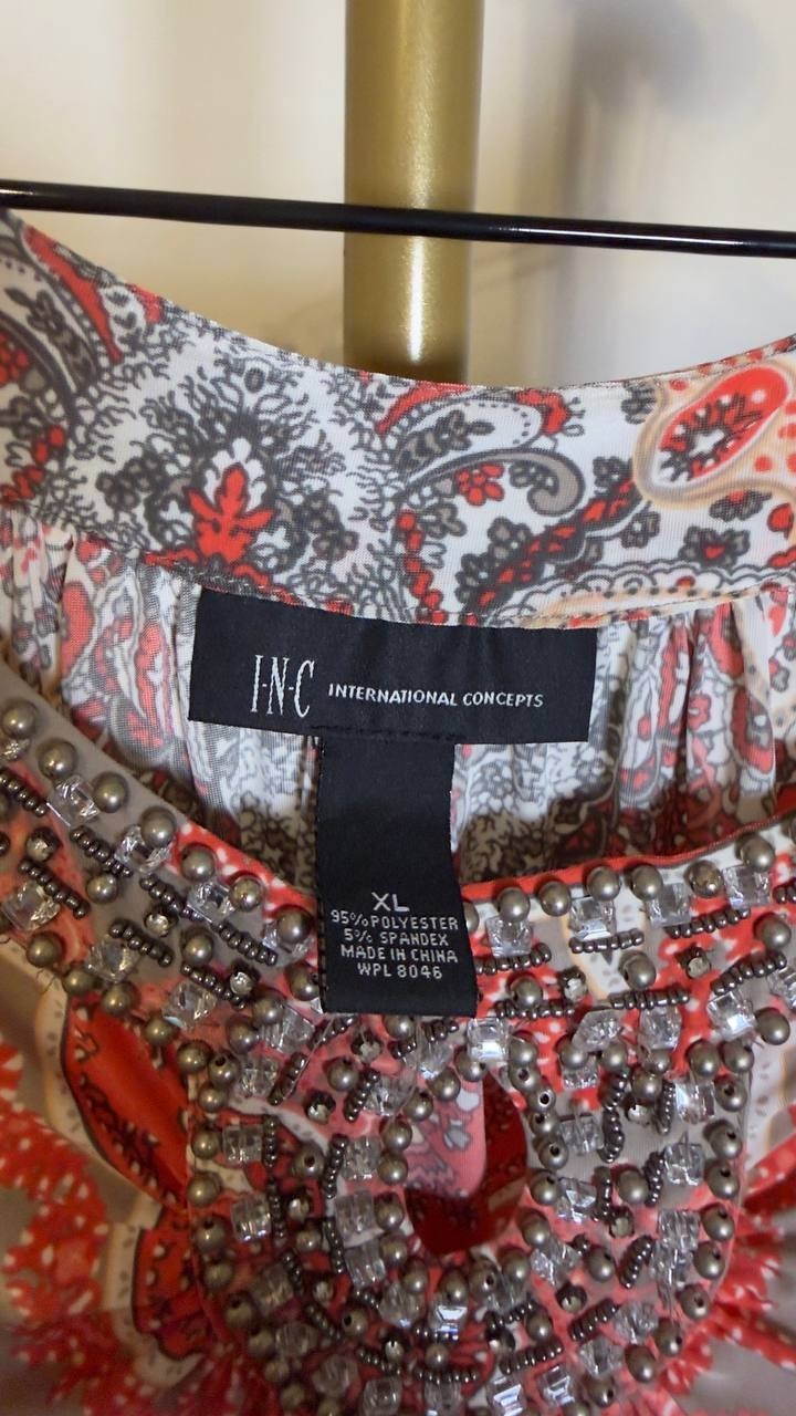 INC International Concepts Paisley Beaded Top Coral Multi XL NWOT $59.50