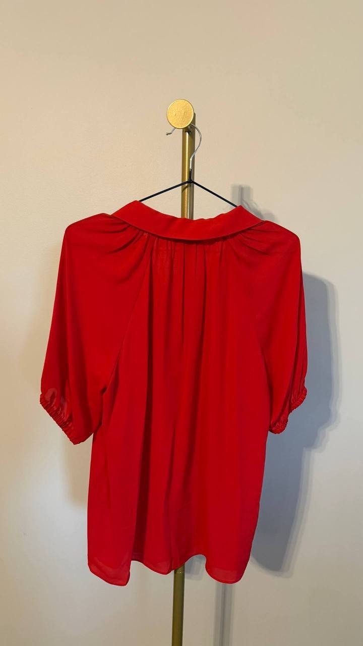 Tahari Women’s Georgette Split‑Neck Blouse Apple Red S $78 NWT