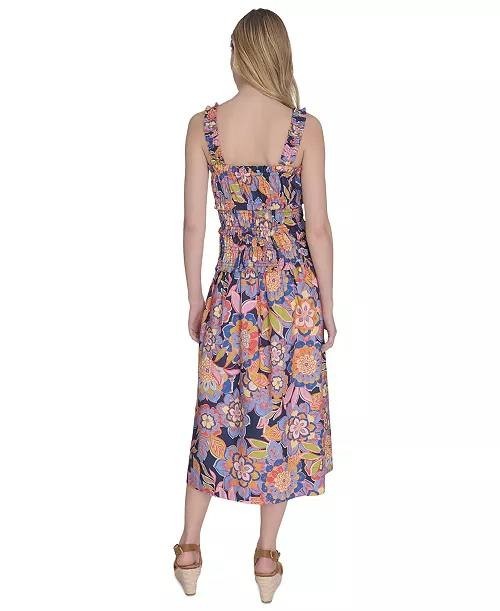 Eliza J Cotton Smocked-Waist Floral Midi Dress Multi 10 NWT $138