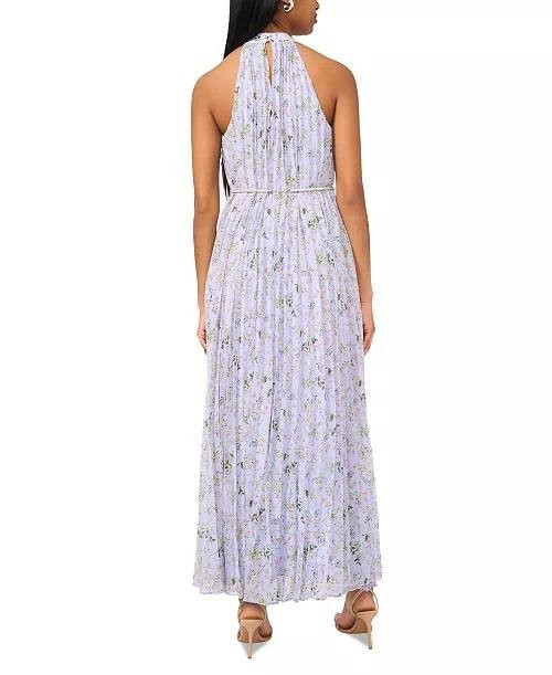 CeCe Pleated Floral‑Print Keyhole Dress Periwinkle M NWT $138