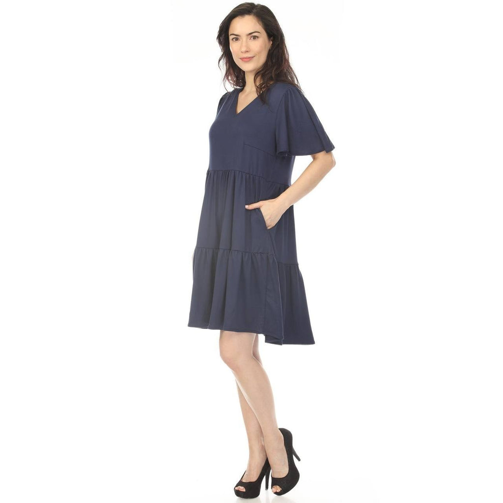 White Mark Women’s V‑Neck Short Sleeve Tiered Mini Dress Navy XL NWT $76