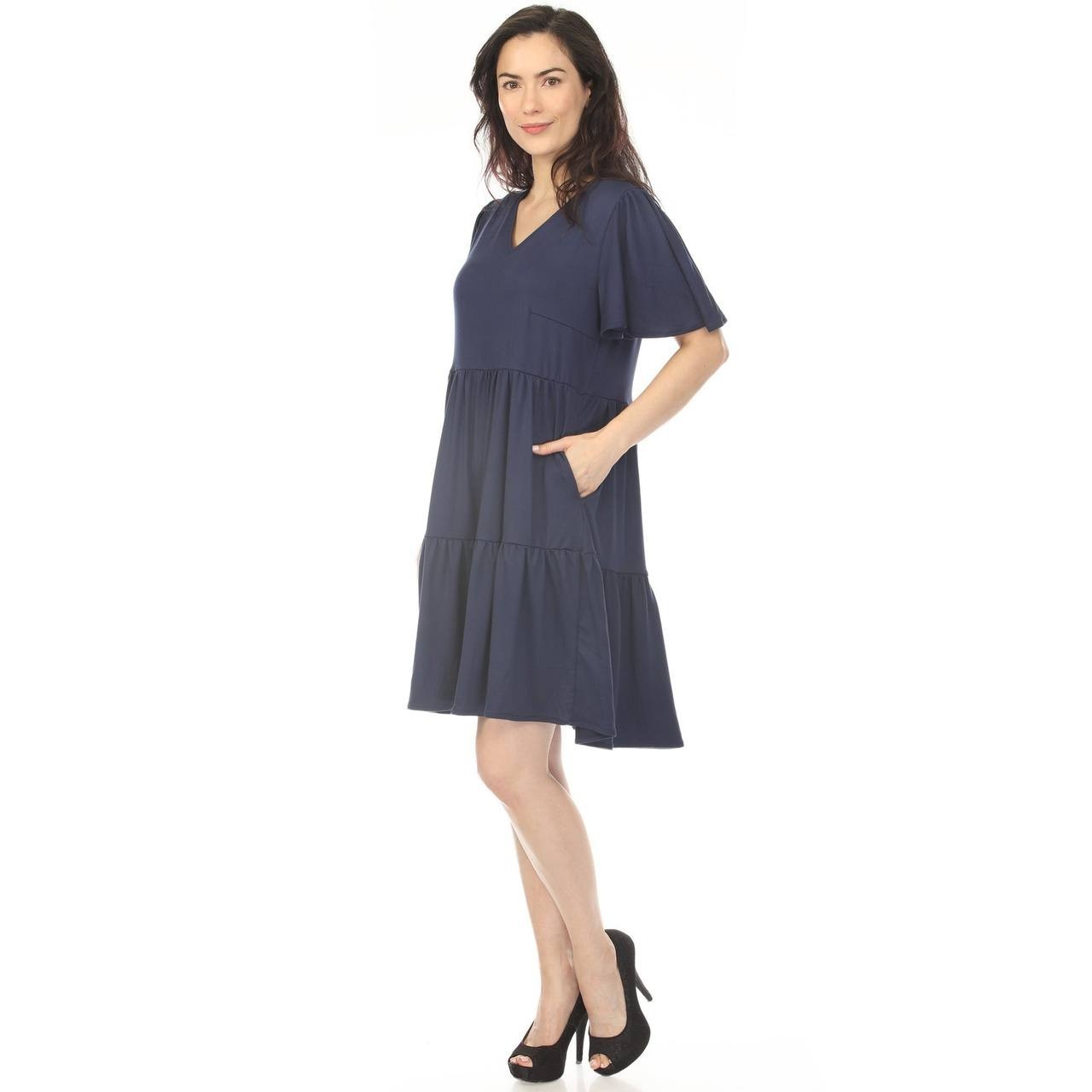 White Mark Women’s V‑Neck Short Sleeve Tiered Mini Dress Navy XL NWT $76