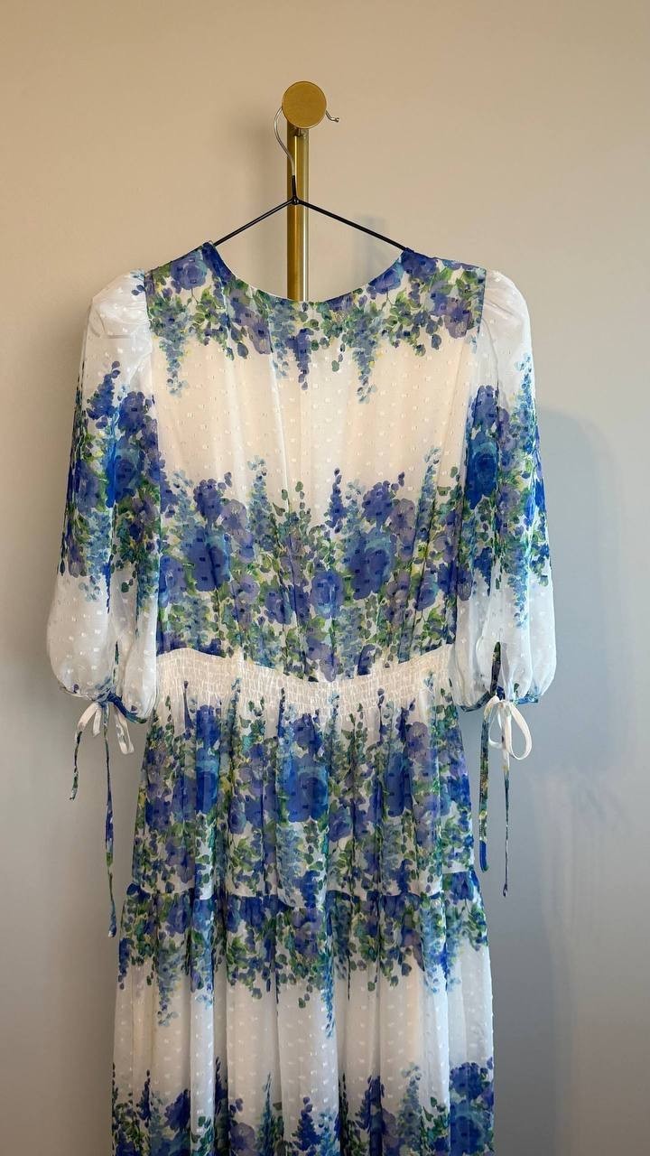 Taylor Printed V-Neck Smocked-Waist Dress Blue/Wisteria 6 NWT $139