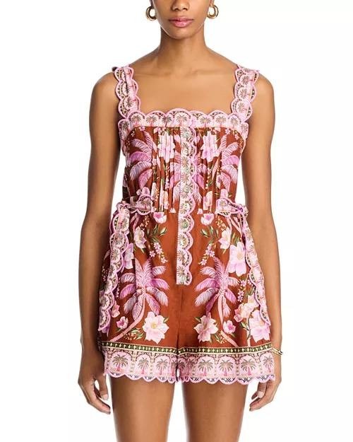 FARM Rio Palm Dream Pleated Romper XS NWT Floral Linen-Blend One-Piece
