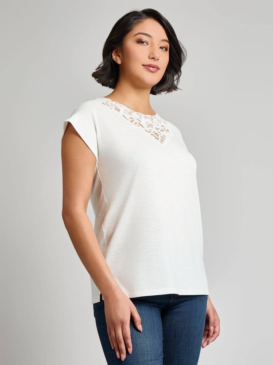 Jones New York Dolman Top Inset Lace White Crew Neck Size M NWT$69 needs washing