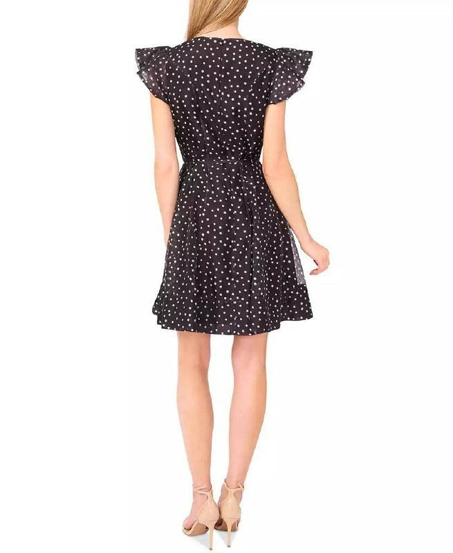 CeCe Polka‑Dot Tie‑Waist Flutter‑Sleeve Mini Dress – Black– Size L – NWOT –$119