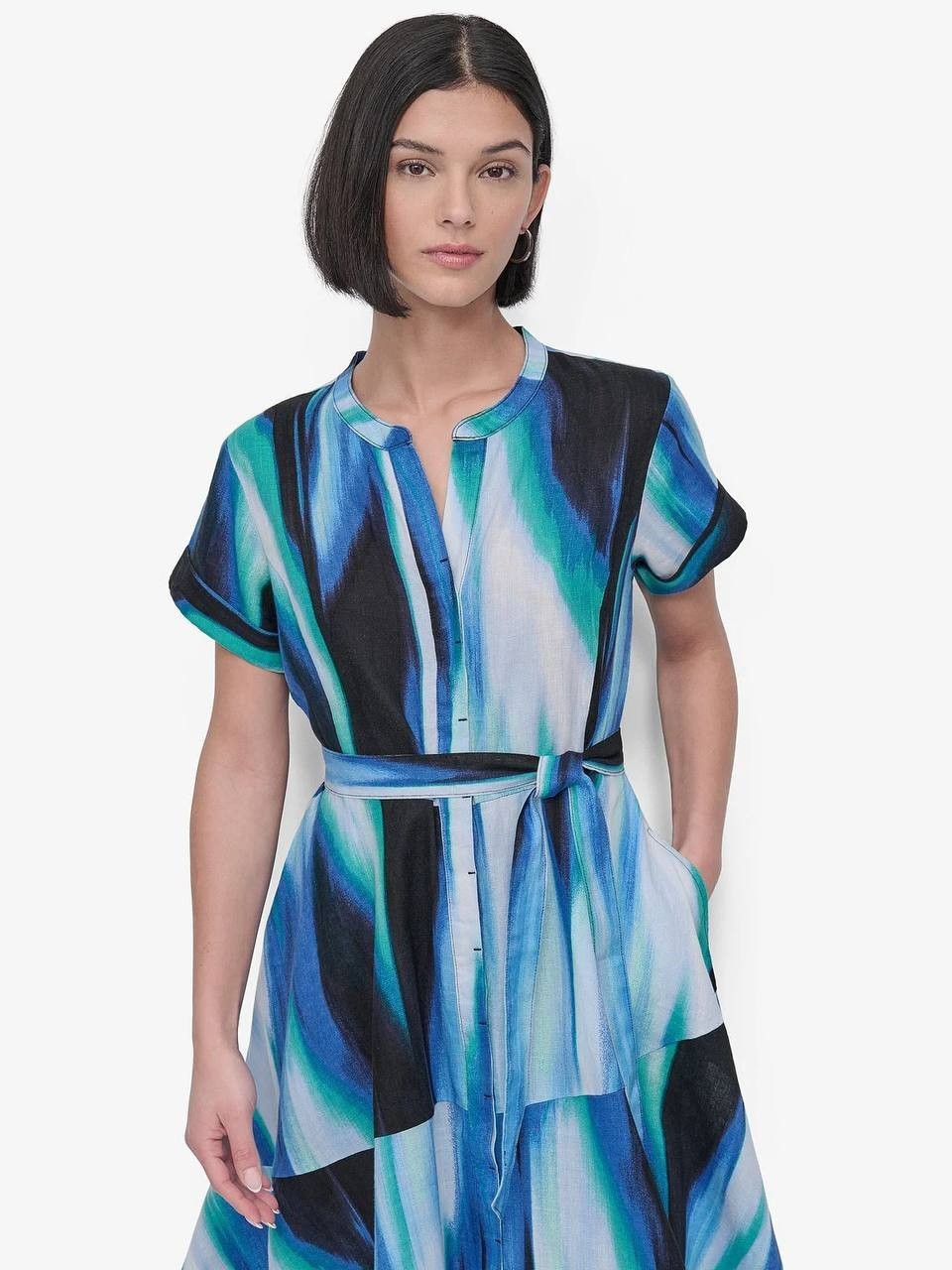 DKNY Printed Linen Short‑Sleeve Wrap Dress Caribbean Multi 12 NWT $159