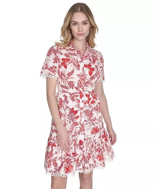 Eliza J Women’s Printed Button Front Cotton Dress Red White 10 $158 NWT
