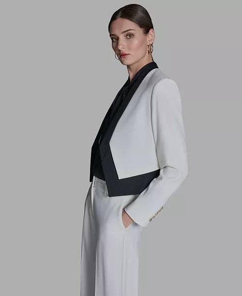 BCBG Stand‑Up Collar Open‑Front Blazer White/Black 12 NWT $59