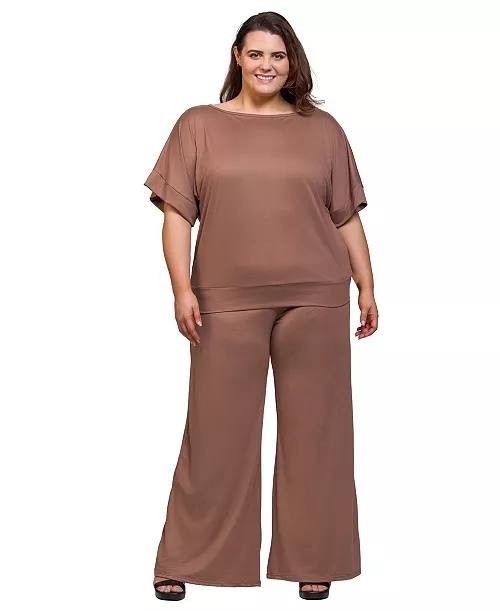 24Seven Comfort Apparel Plus Size Boat Neck Top Wide Leg Pants Set Mocha 4X NWT