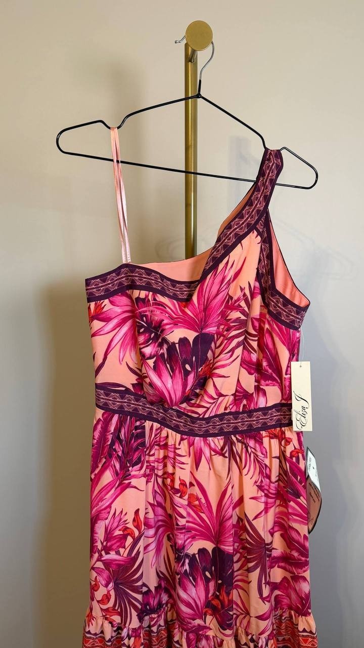 Eliza J Mixed-Print One-Shoulder Tiered Midi Dress Multicolor 8 $158 NWT