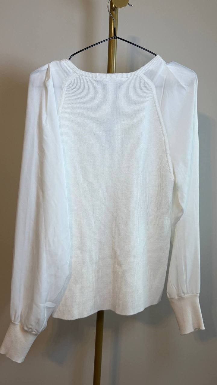 DKNY Long Sleeve Mix Media V‑Neck Top, Size L, White, NWT $79