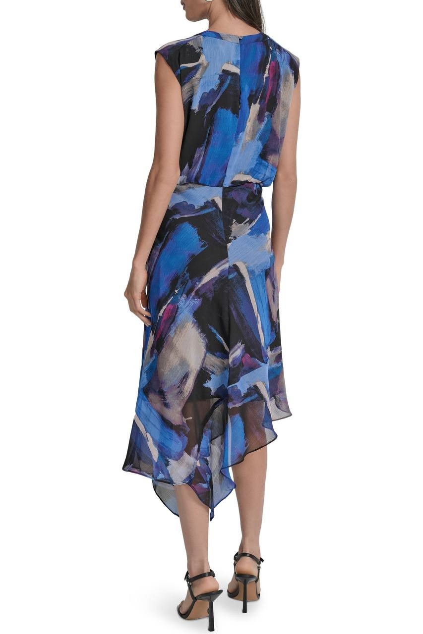 DKNY Printed Blouson Asymmetric-Hem Dress Blue Multi 8 NWT $129