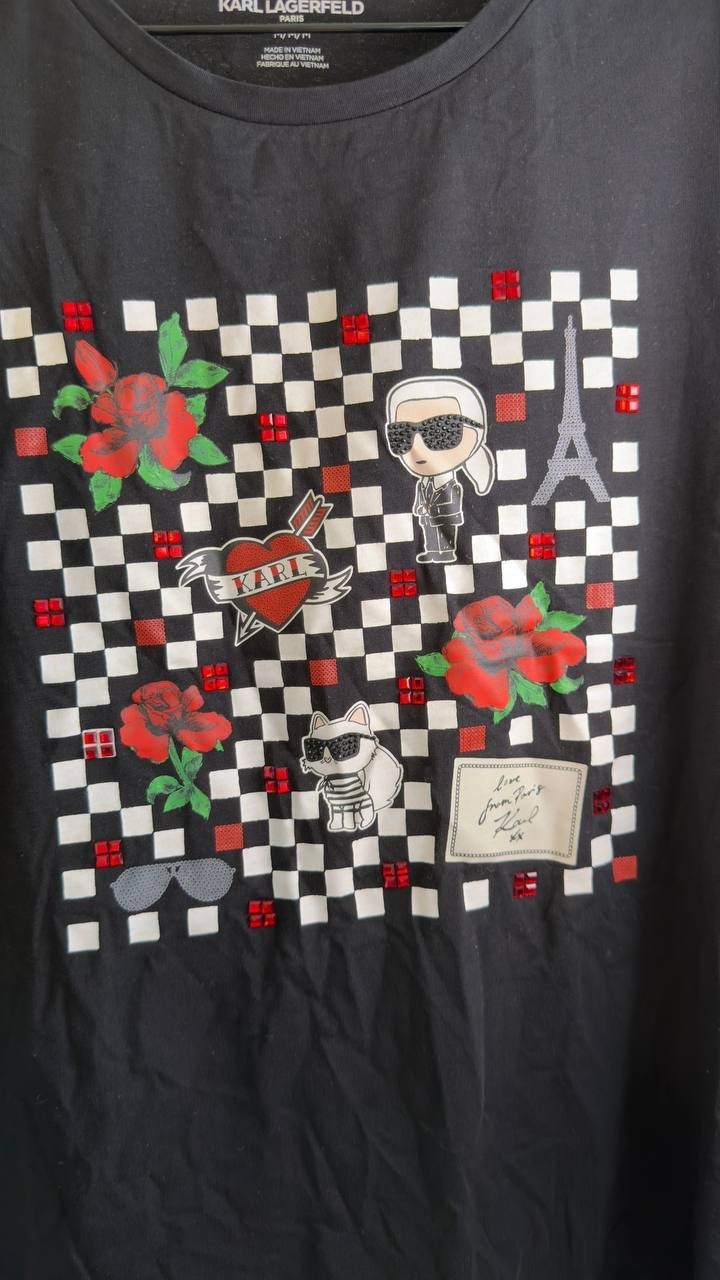 Karl Lagerfeld Paris Checkboard Logo Crewneck Motif Top M Black NWT $59