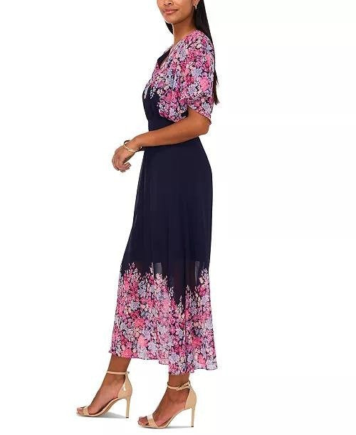 MSK Printed V-Neck Flutter-Sleeve Smocked-Waist Dress JBS Navy S NWOT $89