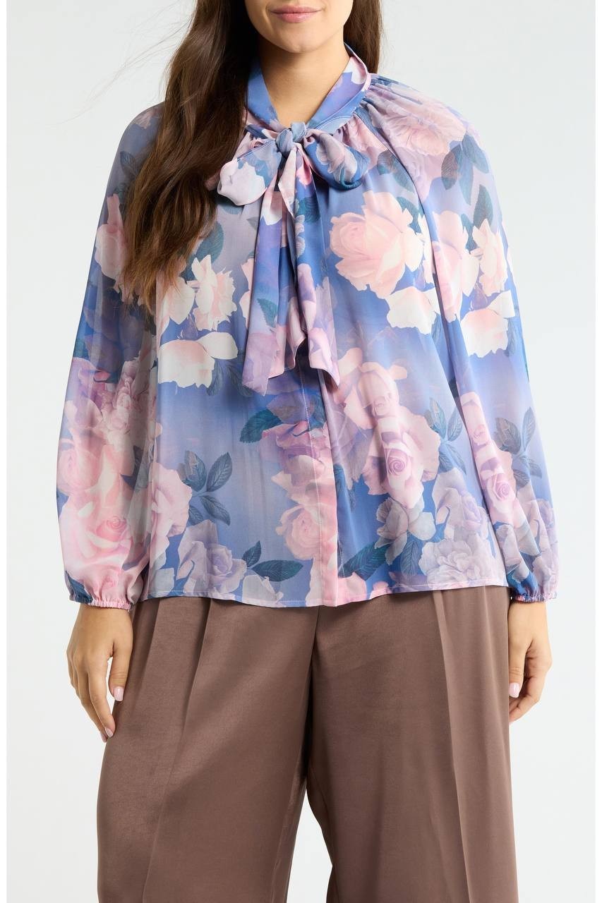 Tahari ASL Printed Ruffle Top Blue Petal Floral 1X NWT $109