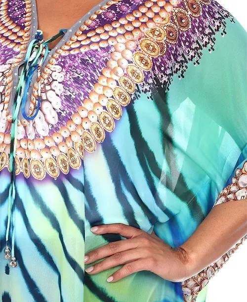 White Mark Plus Size Short Caftan Tie-Up Neckline Green Size L NWT $52