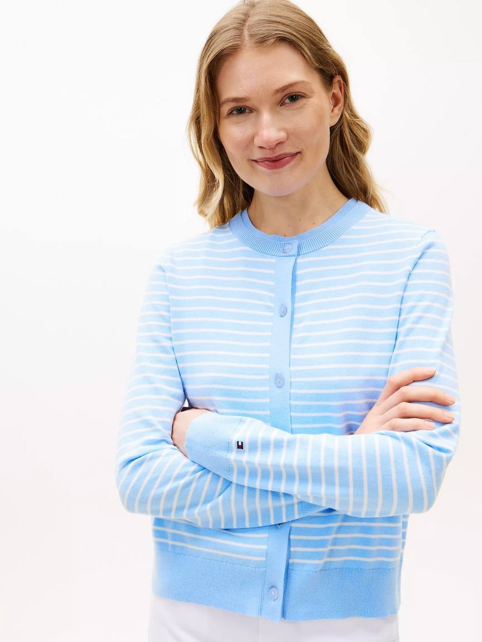 Tommy Hilfiger Crewneck Cardigan Blue/Ecru M NWT $74.50