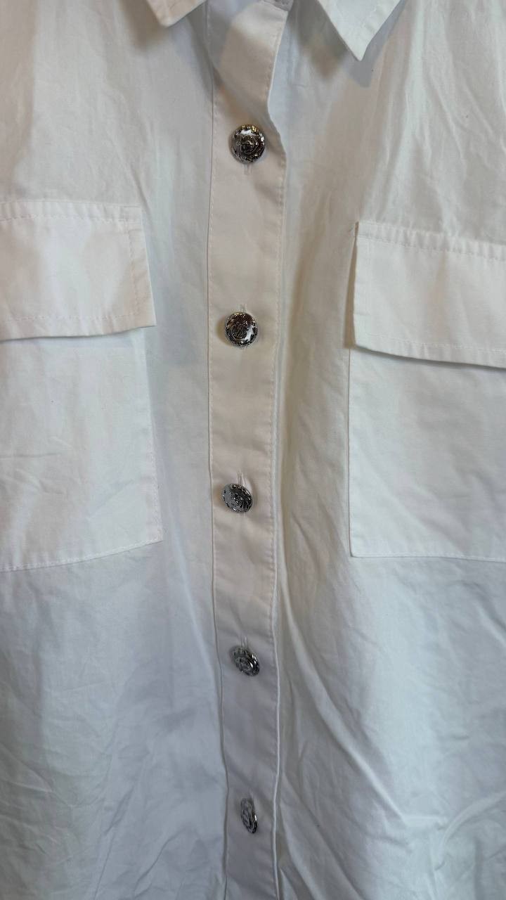 Karl Lagerfeld Paris Poplin Button Front Top White Pockets Size M NWT $89