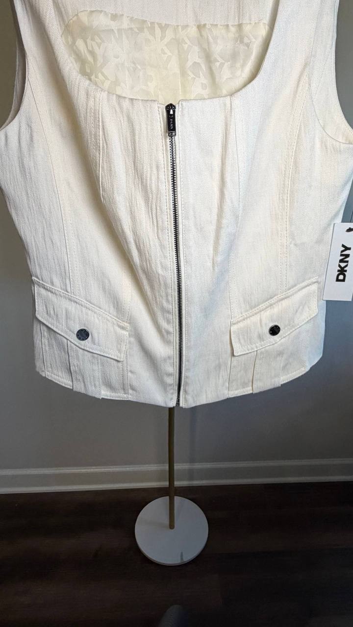 DKNY Weathered Zip‑Up Vest Coconut Beige S NWT $99