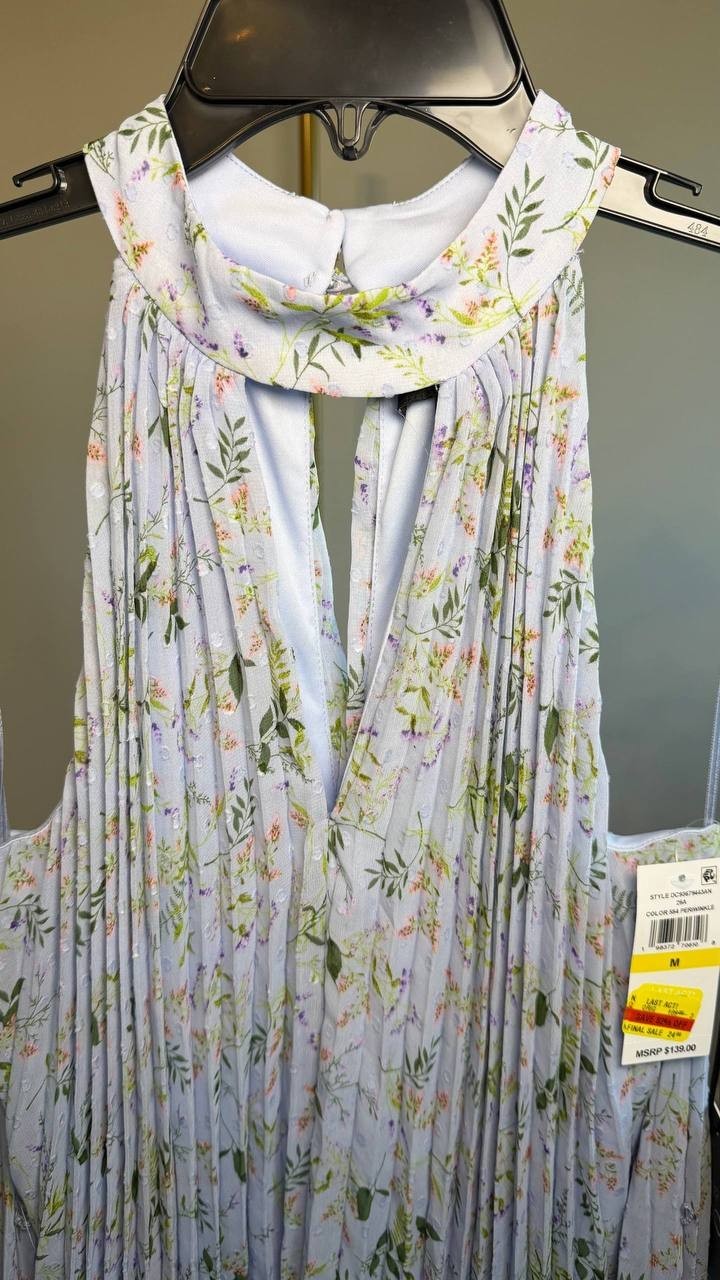 CeCe Pleated Floral‑Print Keyhole Dress Periwinkle M NWT $138