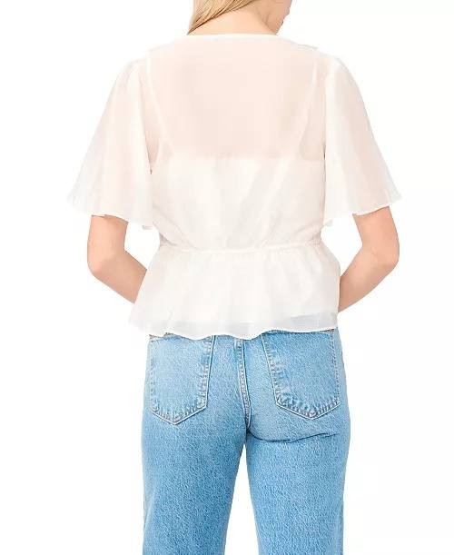 Vince Camuto Flutter-Sleeve V-Neck Top Ultra White M NWT $99