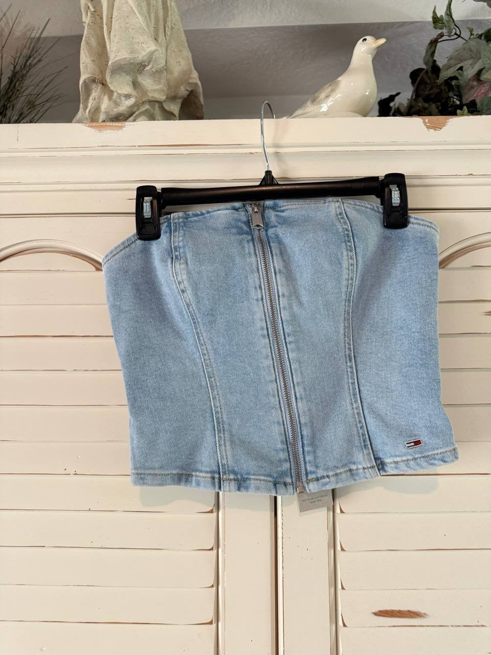 Tommy Jeans Denim Top S/P Strapless Zip-Front Smocked Back NWT - MSRP 90$