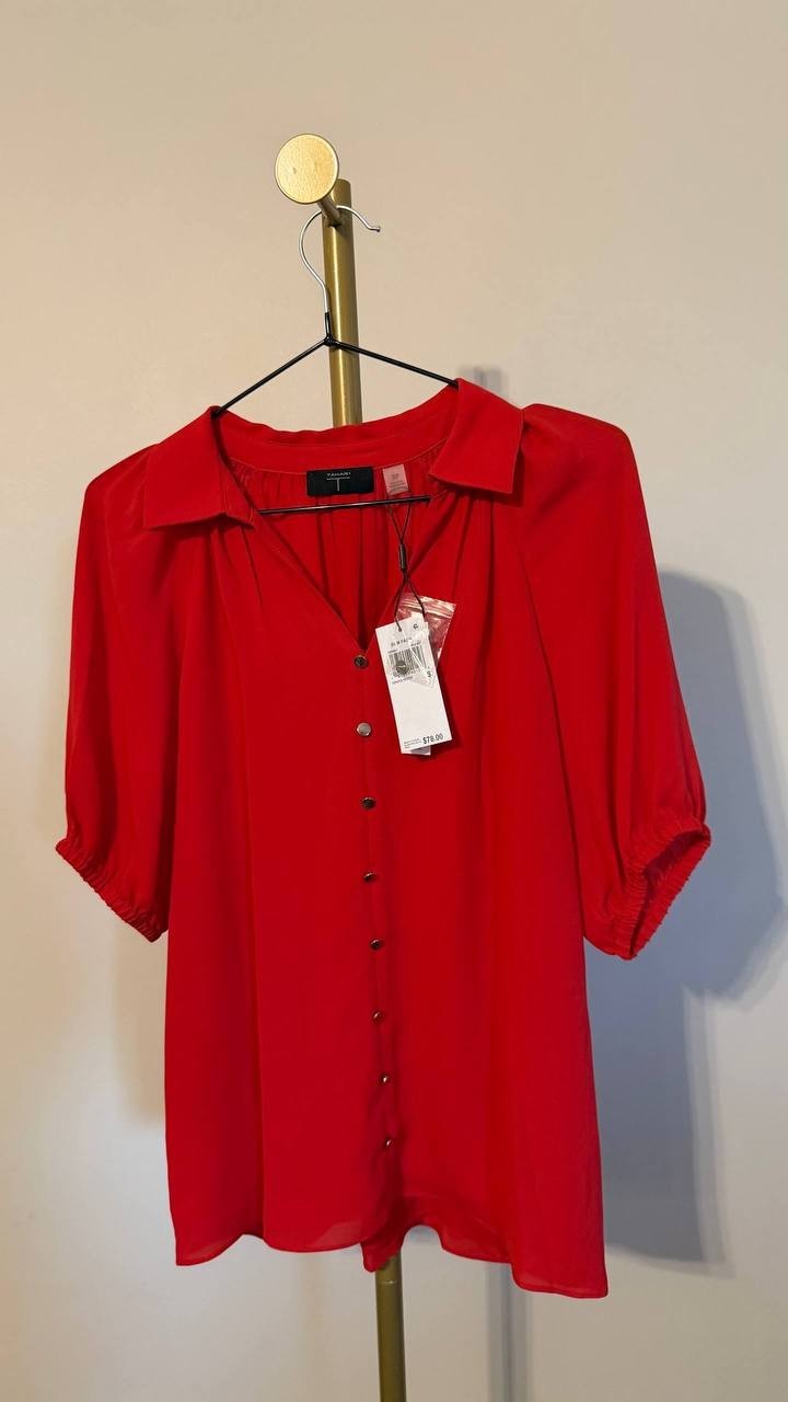 Tahari Women’s Georgette Split‑Neck Blouse Apple Red S $78 NWT