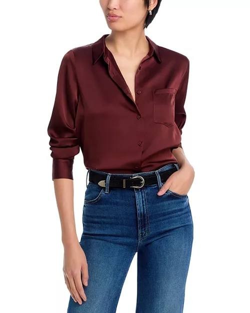 AQUA Satin Button Front Blouse Dark Cherry Size XXS NWT $78 – Chic Office Style