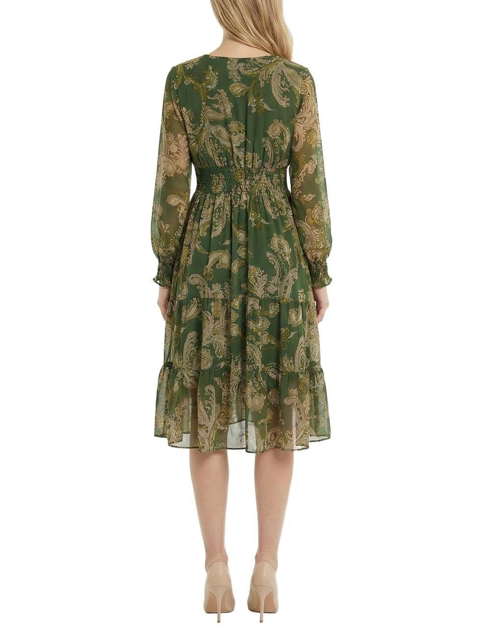 NY Collection Chiffon Dress Smocked Waist & Cuffs Green Paisley S NWT $44