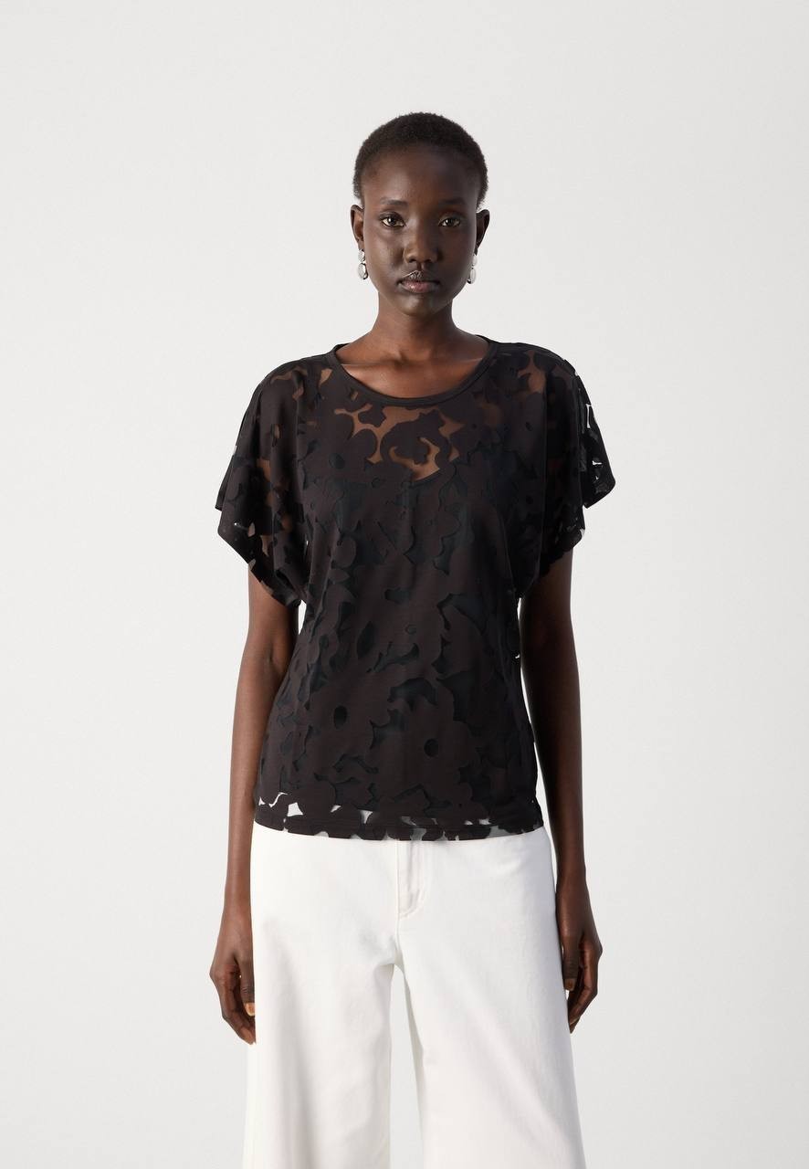 BOSS  Floral Lace Flutter Sleeve Top Black M NWT $99