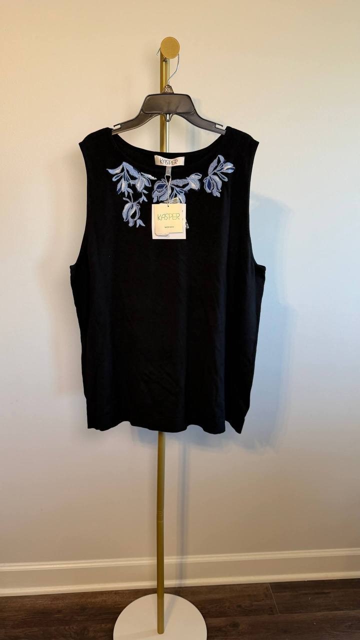 Kasper Sleeveless Embroidered Boat Neck Blouse Black 2X NWT $69
