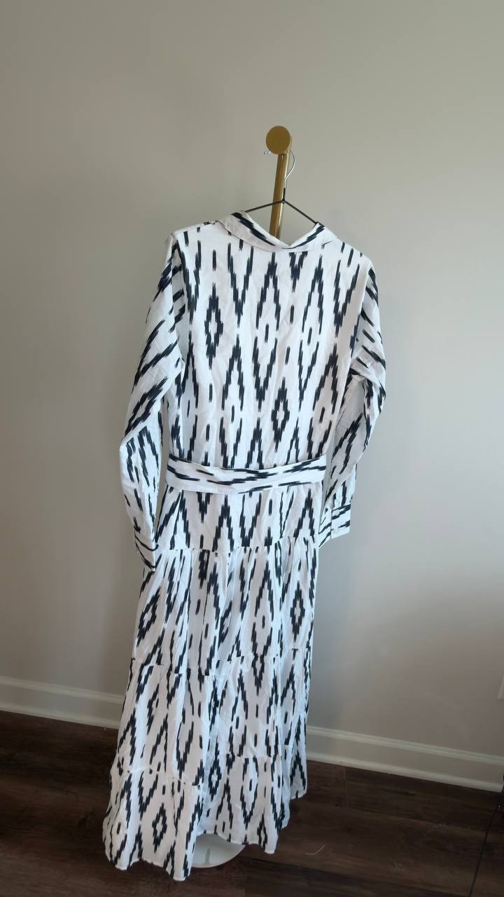 MSK Self‑Belt Long‑Sleeves Maxi Dress White/Black M NWT $109