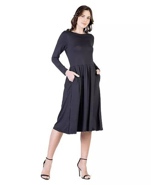 24seven Comfort Apparel Midi Fit & Flare Pocket Dress Black XL NWT $80