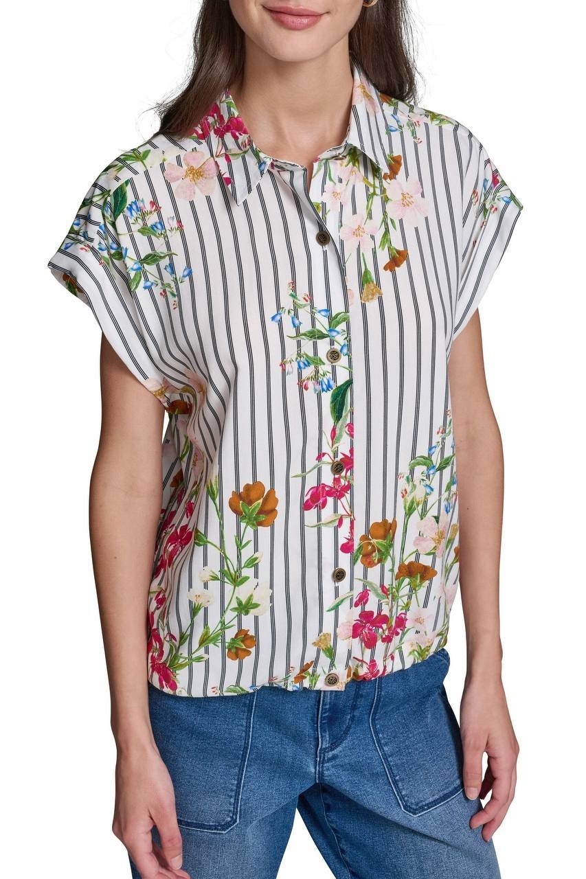 Karl Lagerfeld Paris Floral & Stripe Button‑Up Shirt Soft White Multi M NWT $99