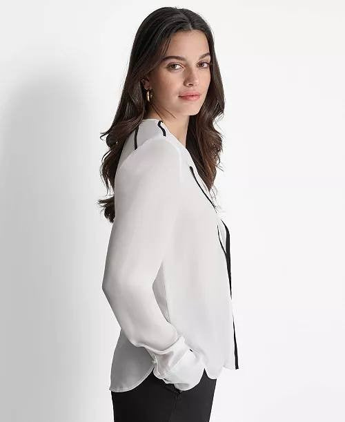 DKNY Long Sleeve Trimmed Lapel Blouse White Size PL NWT $69