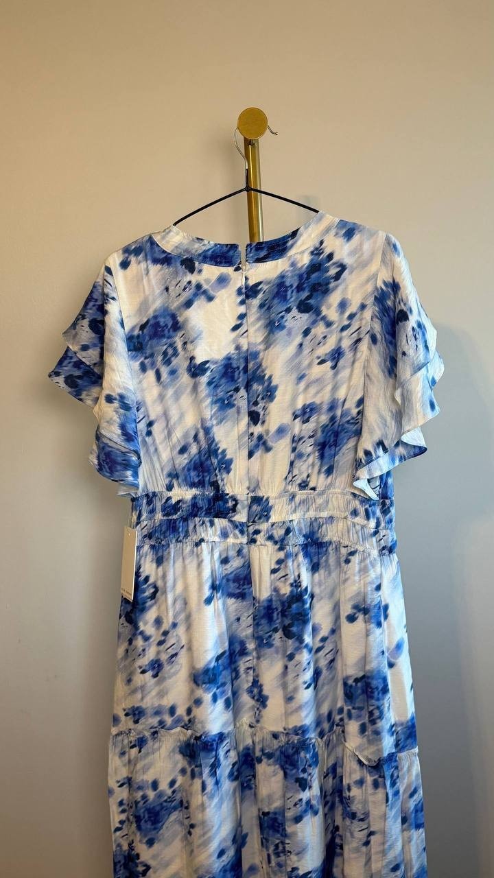 Julia Jordan Printed Ruffle-Sleeve Midi Dress Blue Ivory 8 NWT $139