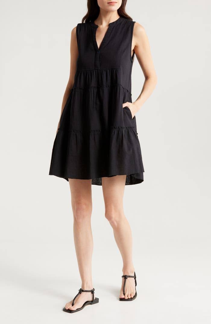 Elan Tiered Cotton-Blend Cover-Up Dress, Black, XS, Sleeveless Beachwear