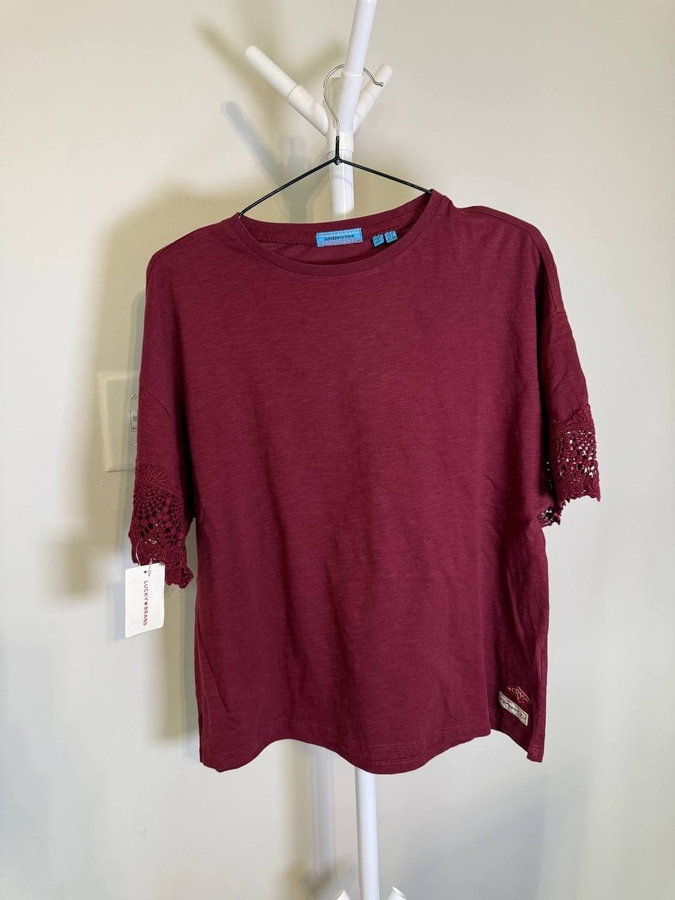 Wear Lucky Burgundy Blouse Embroidered Sleeves – Size 6 – NWT –$49.50