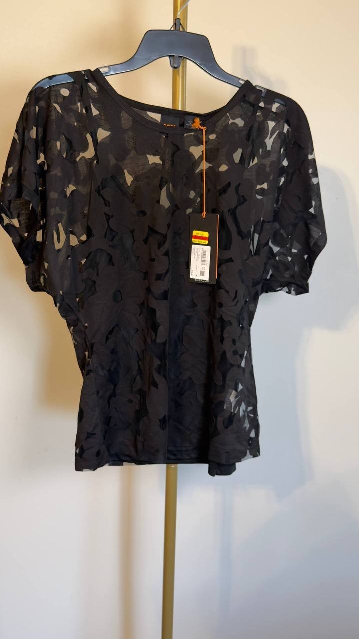 BOSS  Floral Lace Flutter Sleeve Top Black M NWT $99