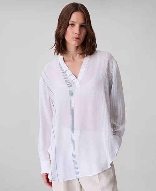 Calvin Klein Long-Sleeve Multi Stripe Tunic White Multi M NWT $109