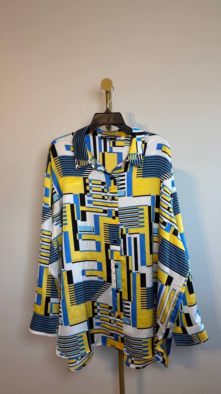Karl Lagerfeld Paris Satin Printed Button‑Front Shirt Multi 2X NWT $99