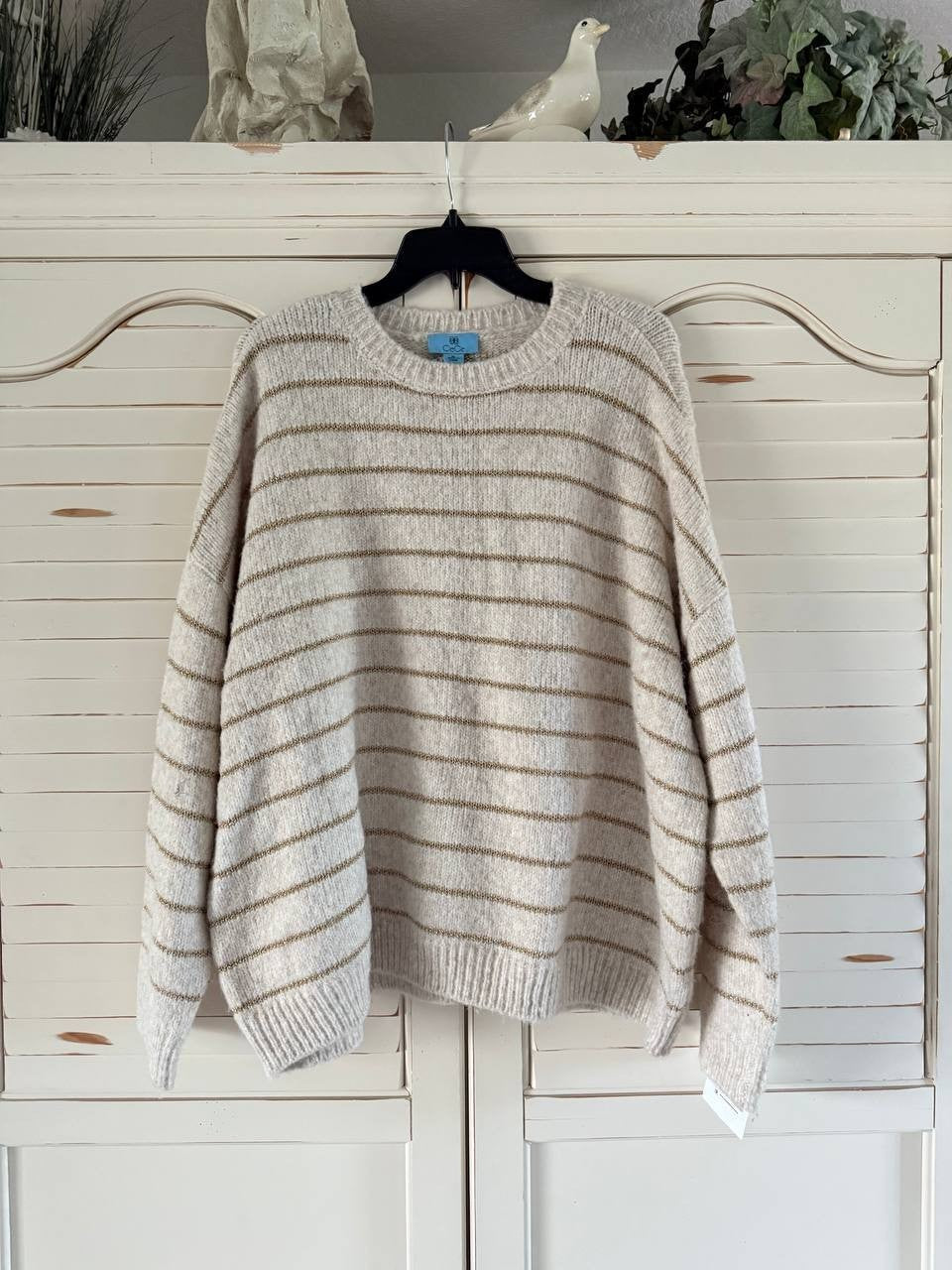 CeCe Women's Beige Gold Metallic Stripe Crewneck Alpaca Wool Sweater Size XL