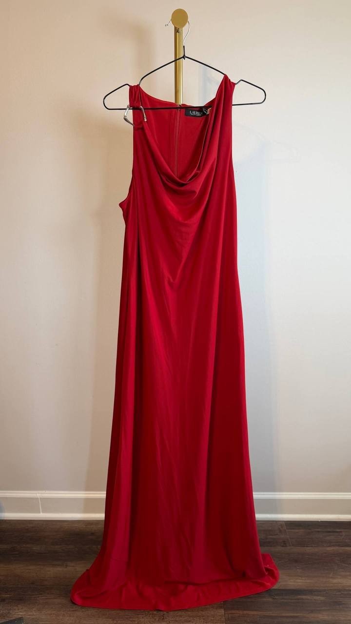 Lauren Ralph Lauren Ring‑Trim Jersey Cowlneck Gown Red Size 14 NWT $245