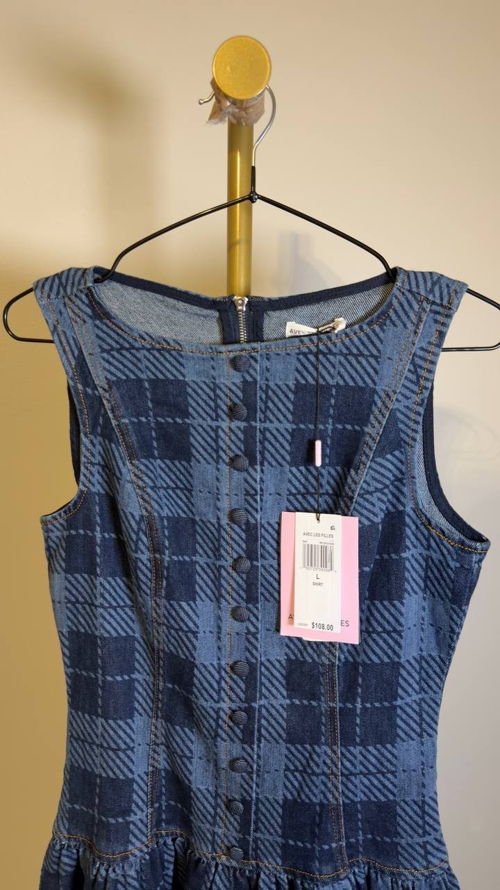 Avec Les Filles Plaid Drop Waist Denim Dress Blue Multi L NWT $108
