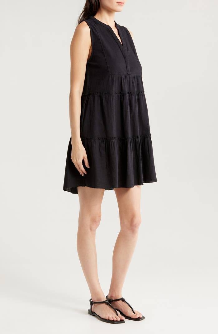 Elan Tiered Cotton-Blend Cover-Up Dress, Black, XS, Sleeveless Beachwear