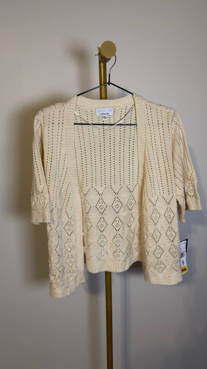 Signature by Robbie Bee Crocheted Short Sleeve Shrug Ivory S NWT $35