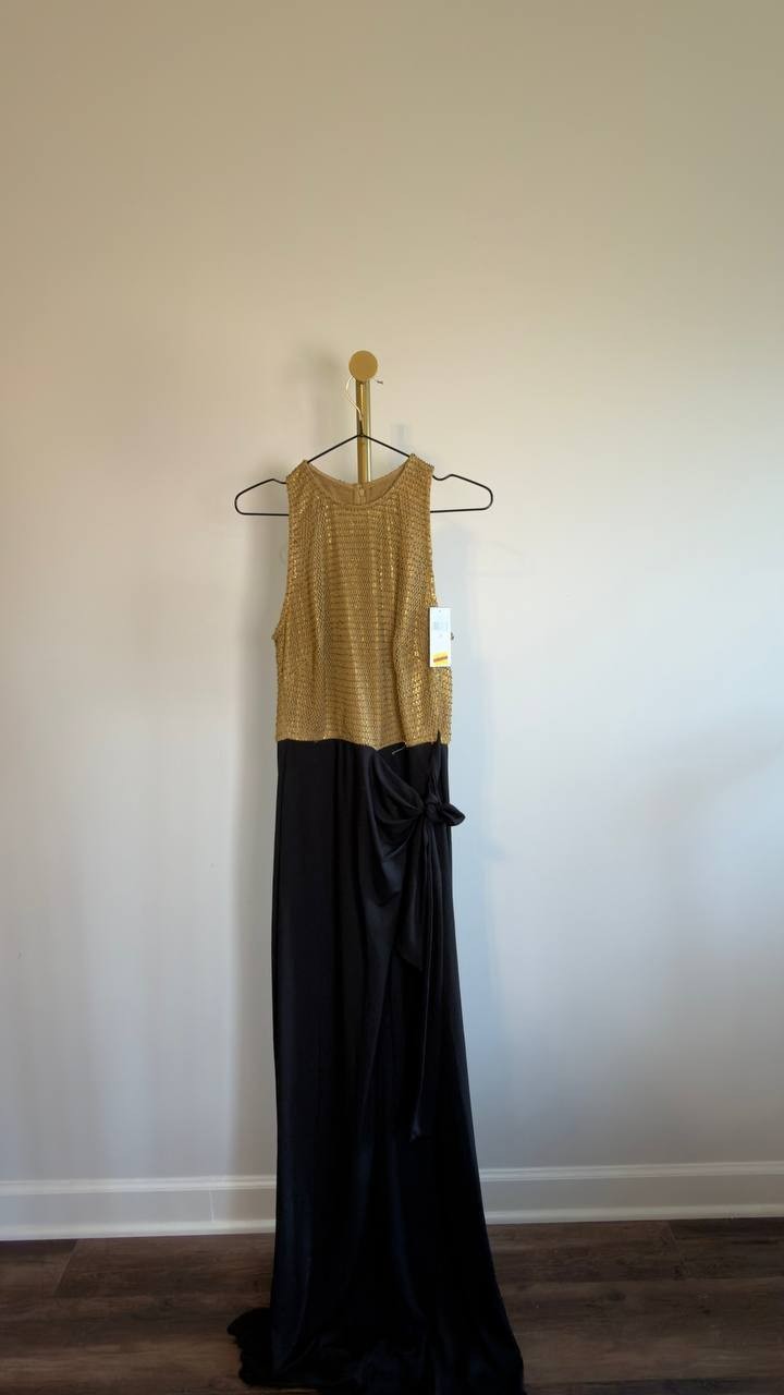 Lauren Ralph Lauren Beaded Mesh Jersey Tie-Front Gown Gold/Black 8 NWT $45
