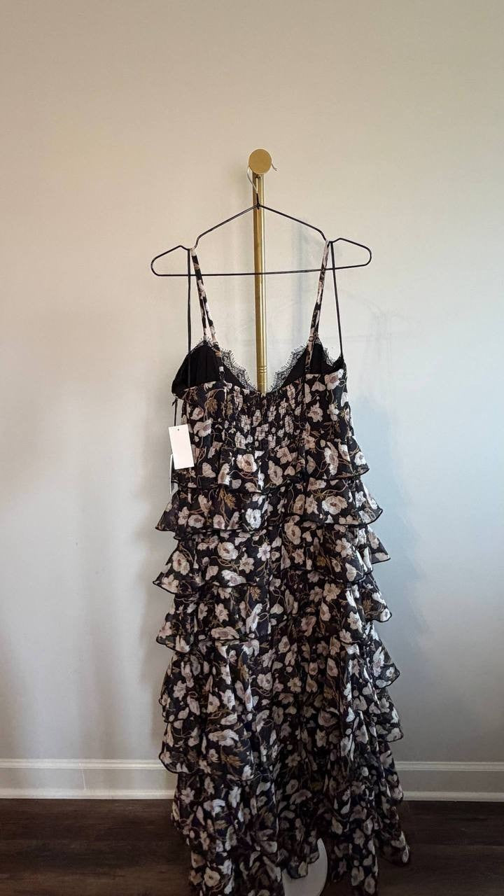 1.STATE V‑Neck Tiered Floral‑Print Maxi Dress Reach Black L NWT $139